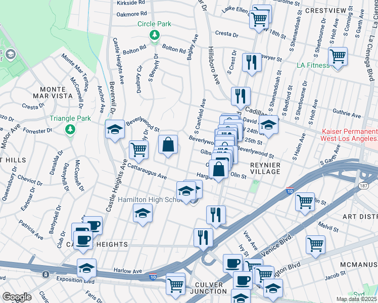 map of restaurants, bars, coffee shops, grocery stores, and more near 2703 South Canfield Avenue in Los Angeles