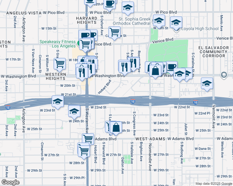 map of restaurants, bars, coffee shops, grocery stores, and more near 2082 South Harvard Boulevard in Los Angeles