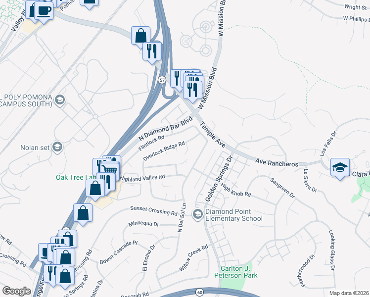 map of restaurants, bars, coffee shops, grocery stores, and more near 1117 Clouds Rest Drive in Diamond Bar