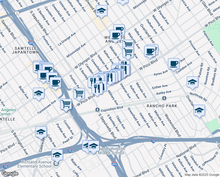 map of restaurants, bars, coffee shops, grocery stores, and more near 11014 West Pico Boulevard in Los Angeles