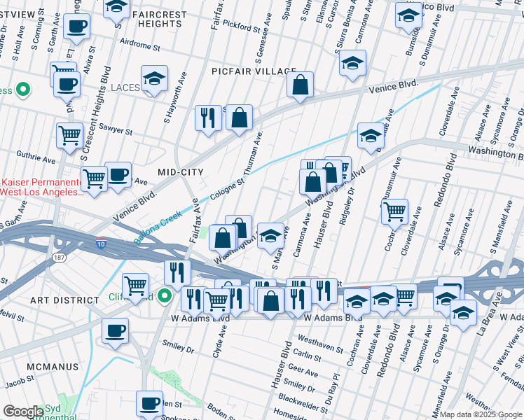 map of restaurants, bars, coffee shops, grocery stores, and more near 2140 Clyde Ave in Los Angeles