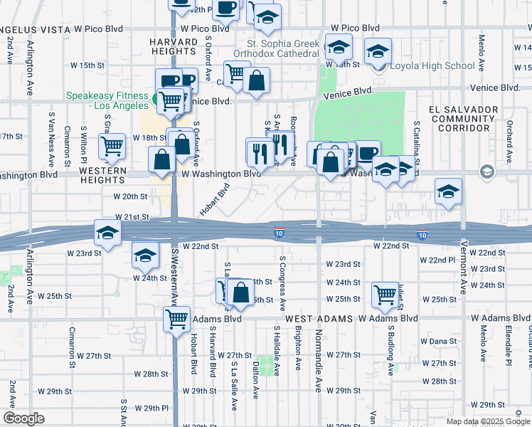 map of restaurants, bars, coffee shops, grocery stores, and more near 2022 South La Salle Avenue in Los Angeles