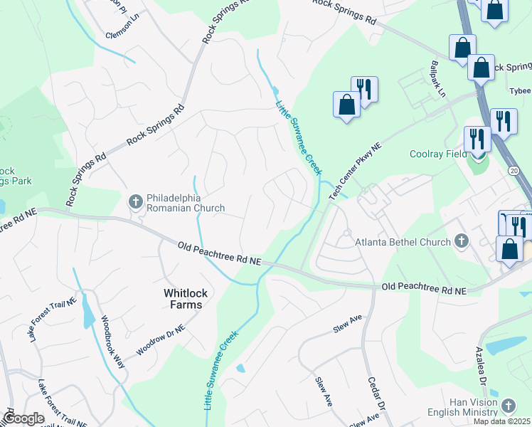 map of restaurants, bars, coffee shops, grocery stores, and more near 2578 Pierce Brennen Court Northeast in Lawrenceville
