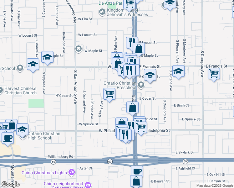 map of restaurants, bars, coffee shops, grocery stores, and more near 1949 South Palm Avenue in Ontario