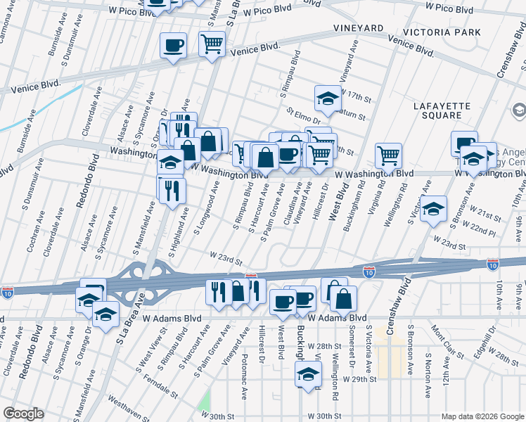 map of restaurants, bars, coffee shops, grocery stores, and more near 2017 South Palm Grove Avenue in Los Angeles