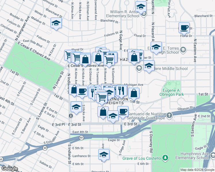map of restaurants, bars, coffee shops, grocery stores, and more near 170 North Rowan Avenue in Los Angeles