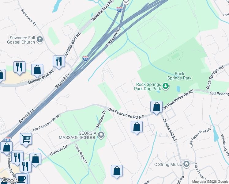 map of restaurants, bars, coffee shops, grocery stores, and more near 3030 Ridge Oak Drive in Suwanee