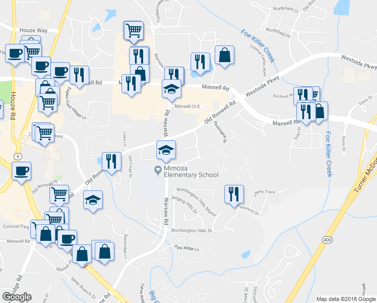 map of restaurants, bars, coffee shops, grocery stores, and more near 4 Creekpark Court in Roswell