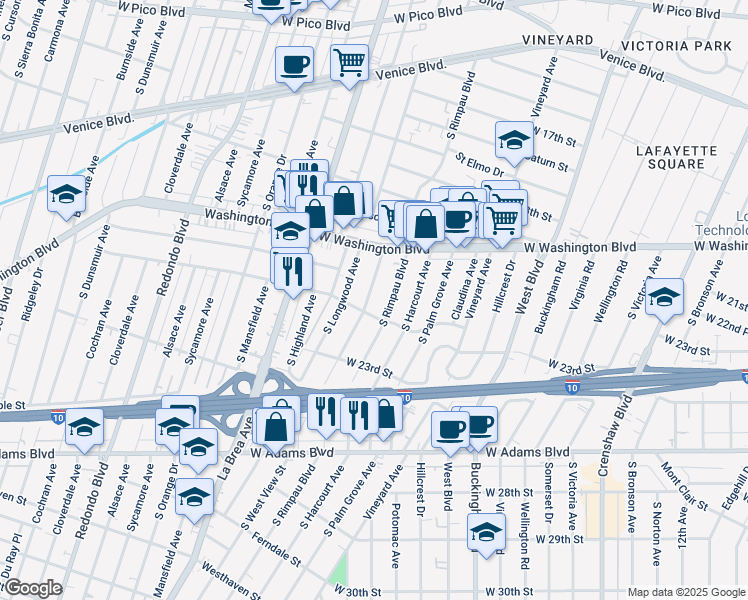 map of restaurants, bars, coffee shops, grocery stores, and more near 2022 South West View Street in Los Angeles