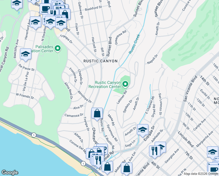 map of restaurants, bars, coffee shops, grocery stores, and more near 603 Hightree Road in Santa Monica