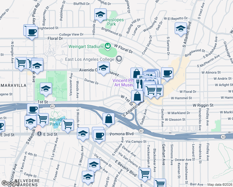 map of restaurants, bars, coffee shops, grocery stores, and more near 1301 West 1st Street in Monterey Park