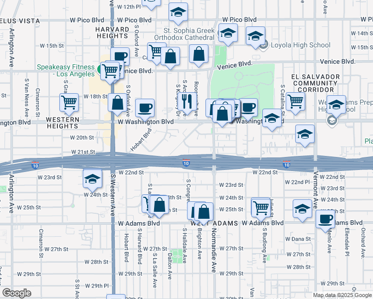 map of restaurants, bars, coffee shops, grocery stores, and more near 2003 1/2 South Congress Avenue in Los Angeles