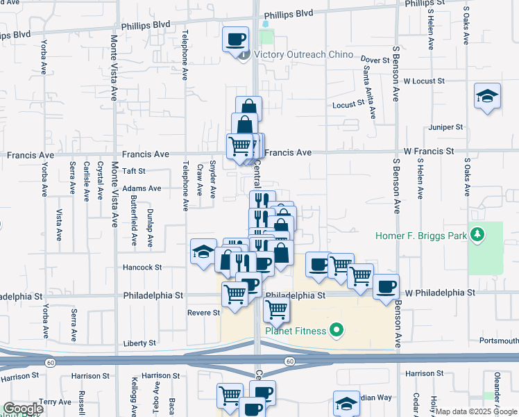 map of restaurants, bars, coffee shops, grocery stores, and more near 11844 Central Avenue in Chino