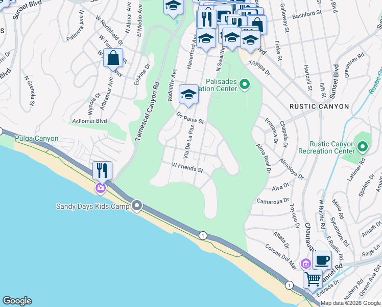 map of restaurants, bars, coffee shops, grocery stores, and more near 430 Vía De La Paz in Los Angeles