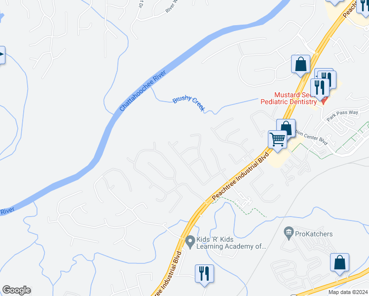map of restaurants, bars, coffee shops, grocery stores, and more near 1645 Rushing River Way in Suwanee