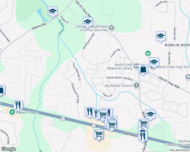 map of restaurants, bars, coffee shops, grocery stores, and more near 3344 Quick Water Landing in Kennesaw