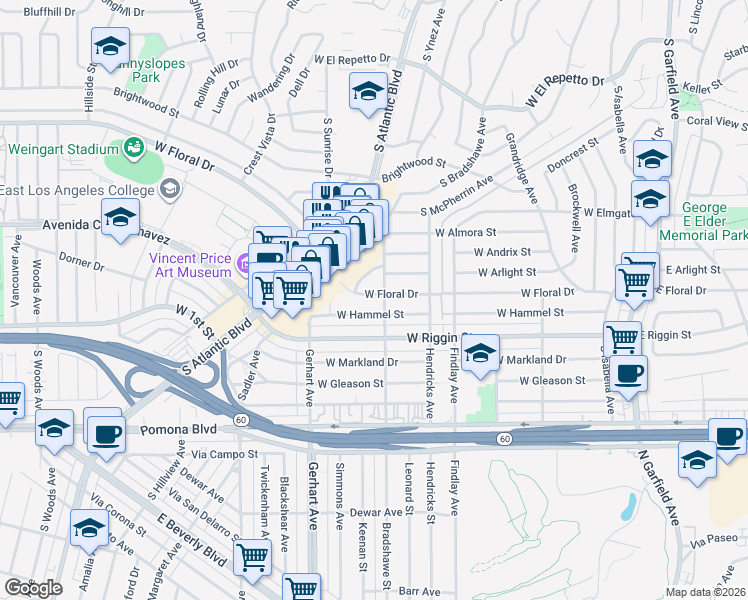 map of restaurants, bars, coffee shops, grocery stores, and more near 608 West Floral Drive in Monterey Park