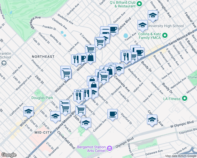 map of restaurants, bars, coffee shops, grocery stores, and more near 1331 Berkeley Street in Santa Monica