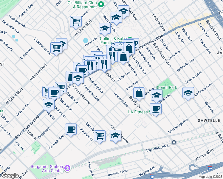 map of restaurants, bars, coffee shops, grocery stores, and more near 1618 Amherst Avenue in Los Angeles