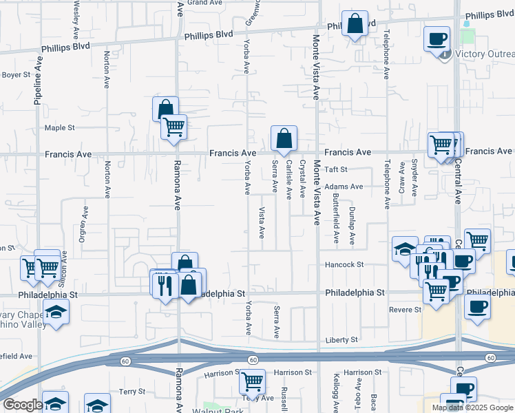 map of restaurants, bars, coffee shops, grocery stores, and more near 11858 Vista Avenue in Chino
