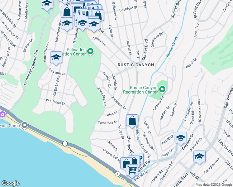 map of restaurants, bars, coffee shops, grocery stores, and more near 516 Chapala Drive in Los Angeles