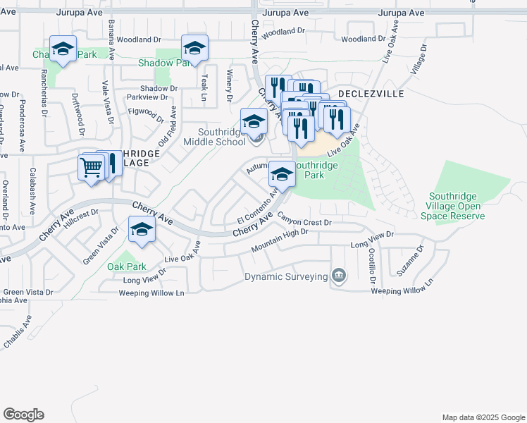 map of restaurants, bars, coffee shops, grocery stores, and more near 14519 El Contento Avenue in Fontana