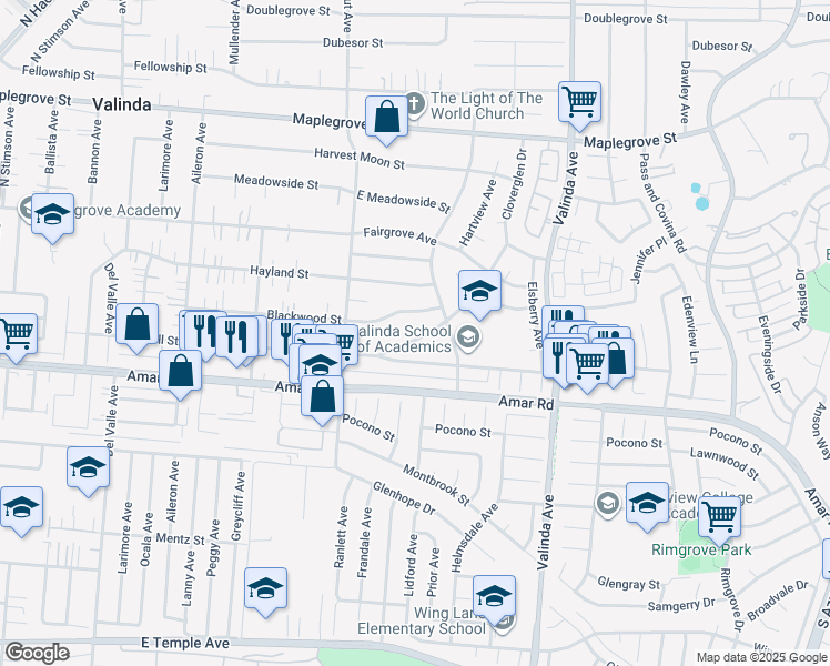 map of restaurants, bars, coffee shops, grocery stores, and more near 16245 Klamath Street in La Puente