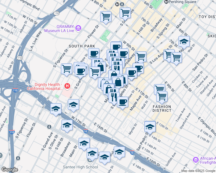 map of restaurants, bars, coffee shops, grocery stores, and more near 1200 South Broadway in Los Angeles