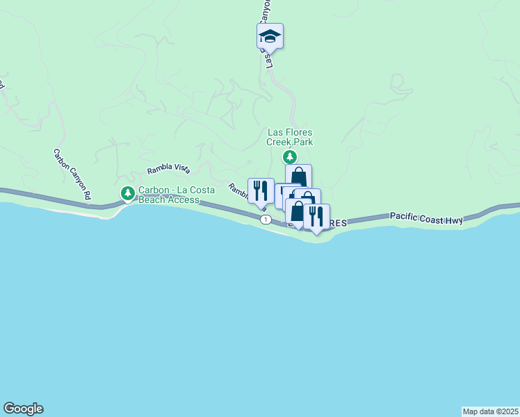 map of restaurants, bars, coffee shops, grocery stores, and more near 21344 Rambla Vista in Malibu