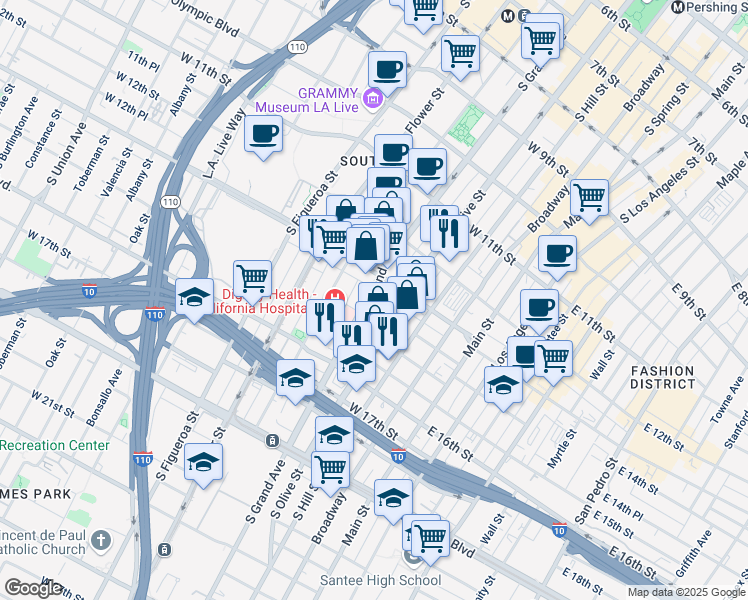 map of restaurants, bars, coffee shops, grocery stores, and more near 1326 South Grand Avenue in Los Angeles