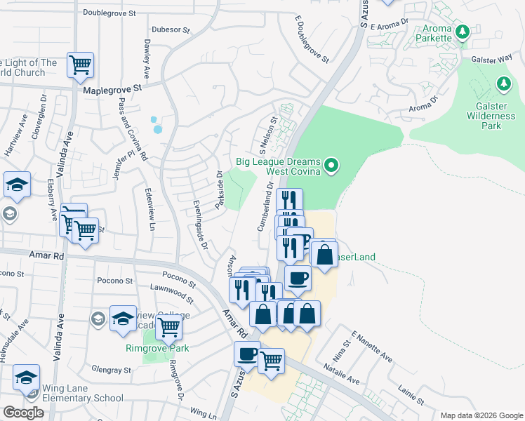 map of restaurants, bars, coffee shops, grocery stores, and more near 1945 Cumberland Drive in West Covina