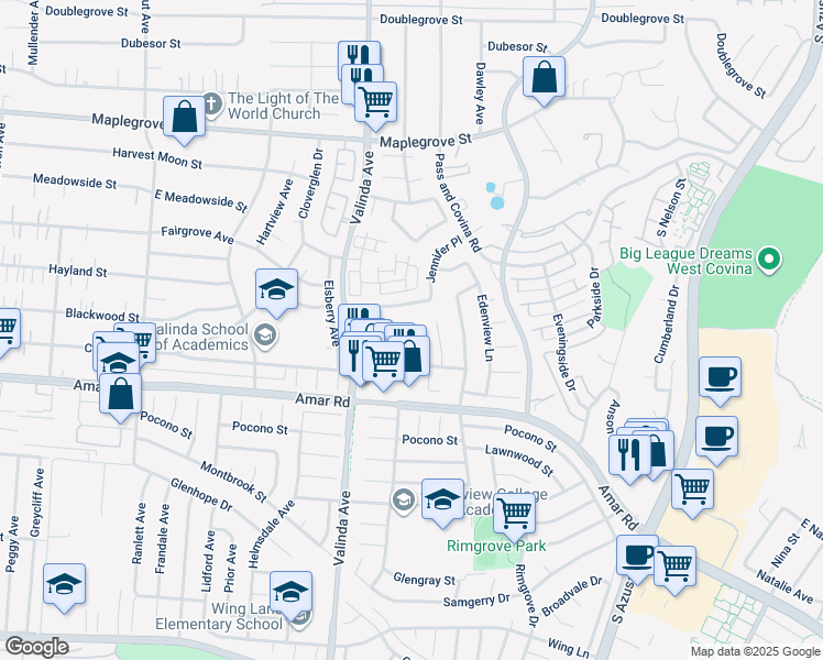 map of restaurants, bars, coffee shops, grocery stores, and more near 2005 Diane Place in West Covina