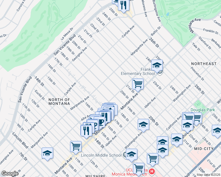 map of restaurants, bars, coffee shops, grocery stores, and more near 601 19th Street in Santa Monica