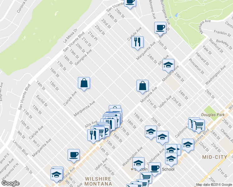 map of restaurants, bars, coffee shops, grocery stores, and more near 601 19th Street in Santa Monica