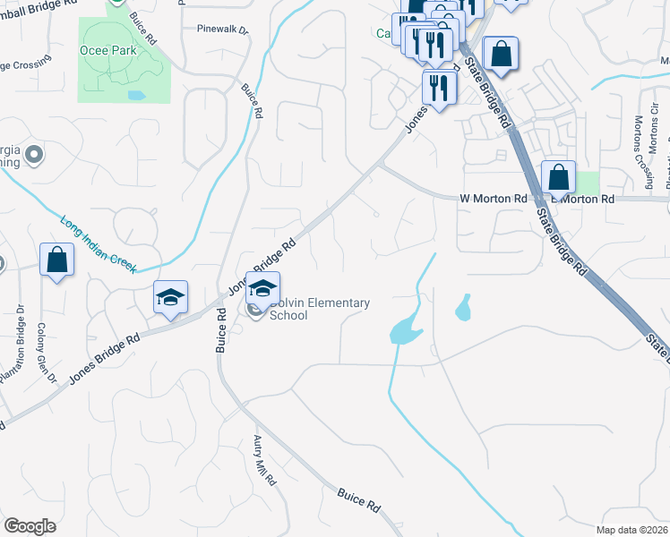 map of restaurants, bars, coffee shops, grocery stores, and more near 10520 Wynbridge Drive in Alpharetta