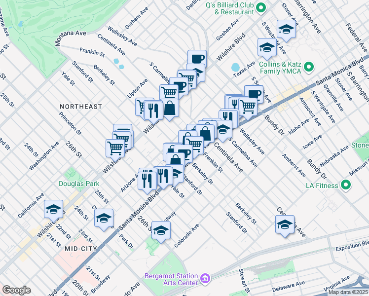 map of restaurants, bars, coffee shops, grocery stores, and more near 1331 Berkeley Street in Santa Monica