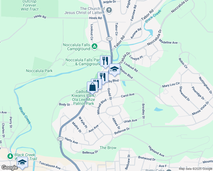 map of restaurants, bars, coffee shops, grocery stores, and more near 105 Gould Street in Gadsden