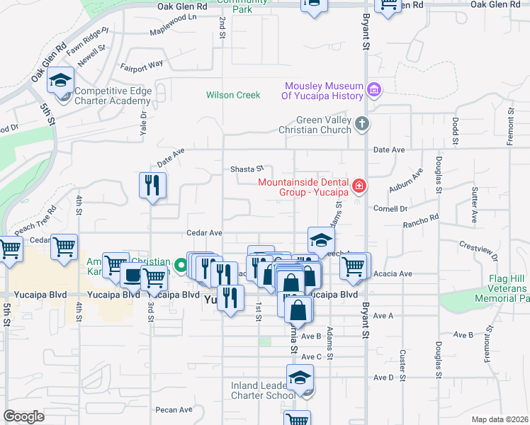 map of restaurants, bars, coffee shops, grocery stores, and more near 35018 Gail Avenue in Yucaipa