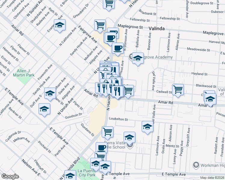 map of restaurants, bars, coffee shops, grocery stores, and more near 1030 North Hacienda Boulevard in La Puente
