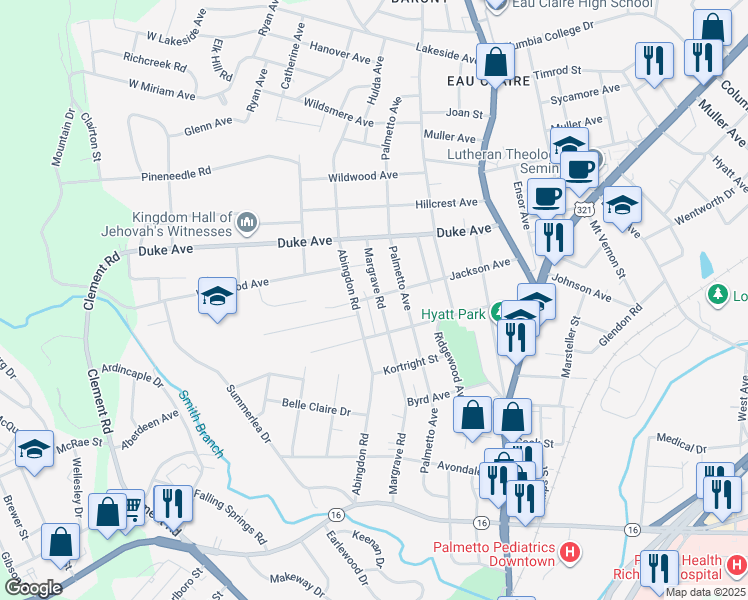 map of restaurants, bars, coffee shops, grocery stores, and more near 3915 Margrave Road in Columbia
