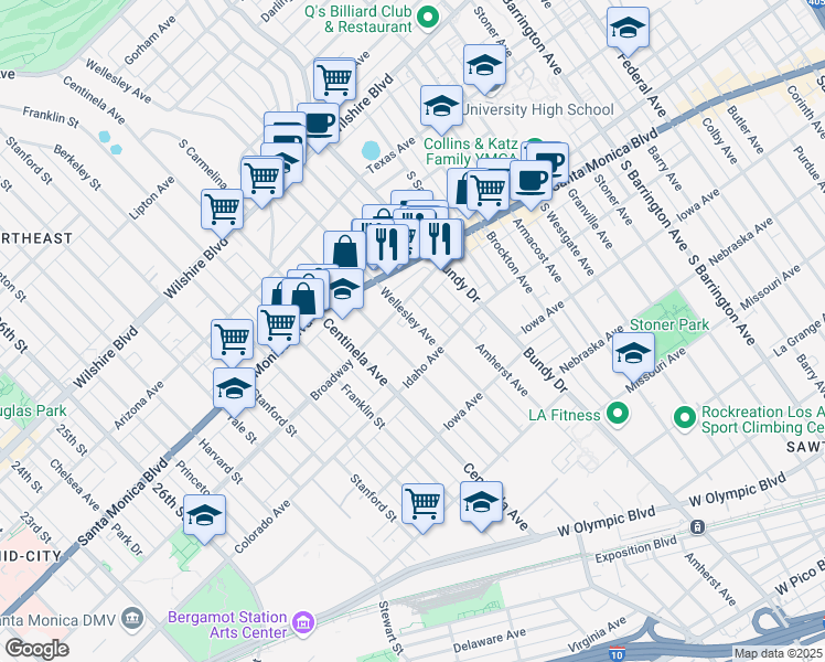 map of restaurants, bars, coffee shops, grocery stores, and more near 1529 Wellesley Avenue in Los Angeles