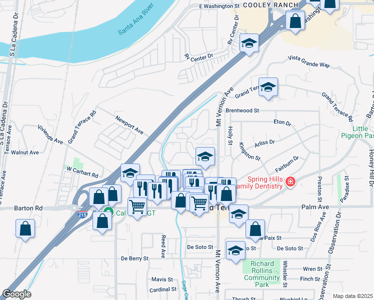 map of restaurants, bars, coffee shops, grocery stores, and more near 11750 Mount Vernon Avenue in Grand Terrace
