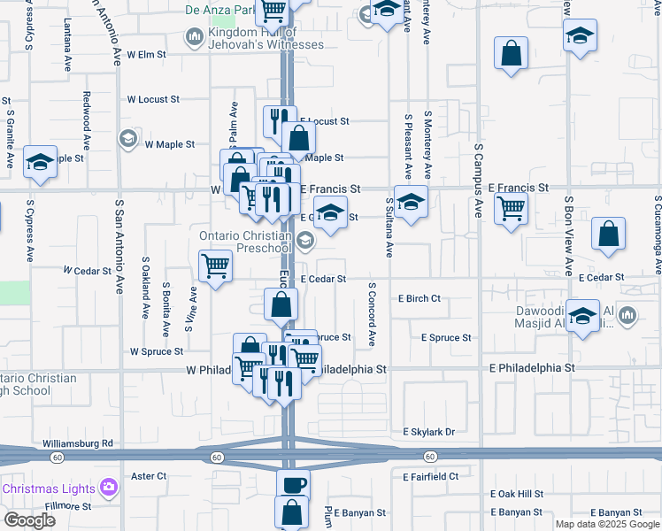 map of restaurants, bars, coffee shops, grocery stores, and more near 115 East Cedar Street in Ontario
