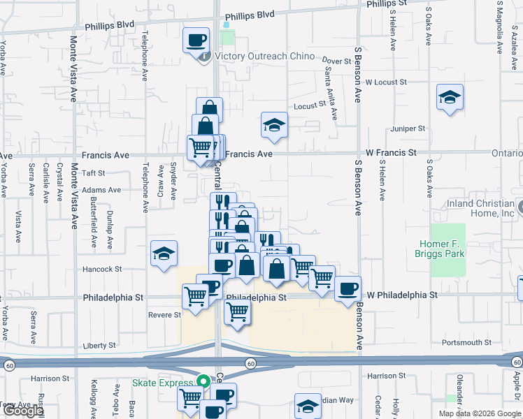 map of restaurants, bars, coffee shops, grocery stores, and more near 11865 Otsego Lane in Chino
