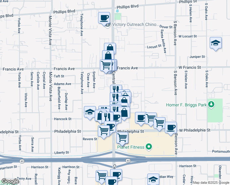 map of restaurants, bars, coffee shops, grocery stores, and more near 11844 Central Avenue in Chino