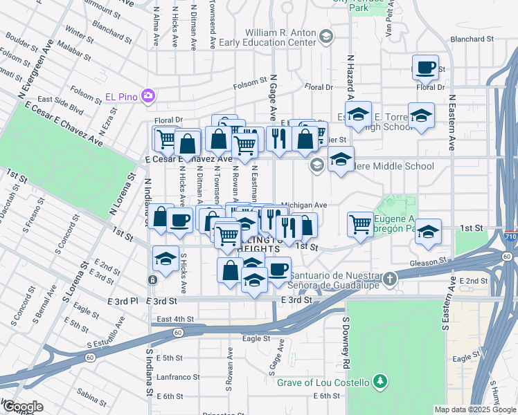 map of restaurants, bars, coffee shops, grocery stores, and more near 171 North Gage Avenue in Los Angeles