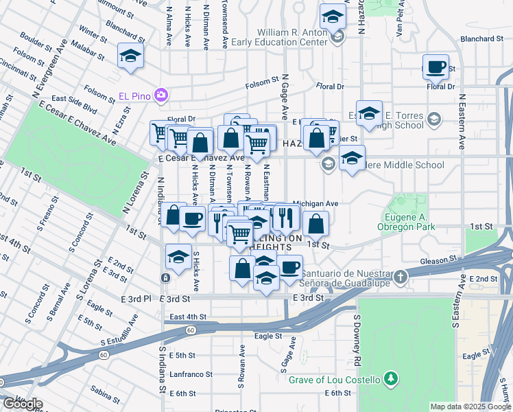 map of restaurants, bars, coffee shops, grocery stores, and more near 3646 Michigan Avenue in Los Angeles