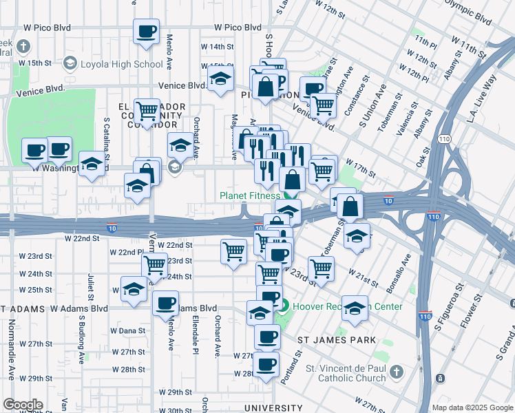 map of restaurants, bars, coffee shops, grocery stores, and more near 1354 West 20th Street in Los Angeles