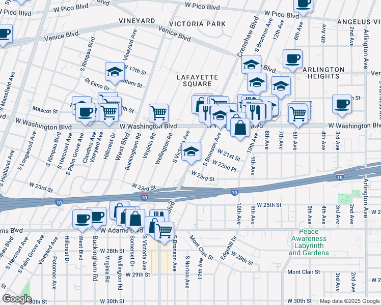map of restaurants, bars, coffee shops, grocery stores, and more near 2216 Crenshaw Boulevard in Los Angeles