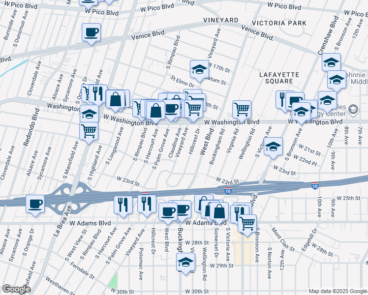 map of restaurants, bars, coffee shops, grocery stores, and more near 2006 Hillcrest Drive in Los Angeles